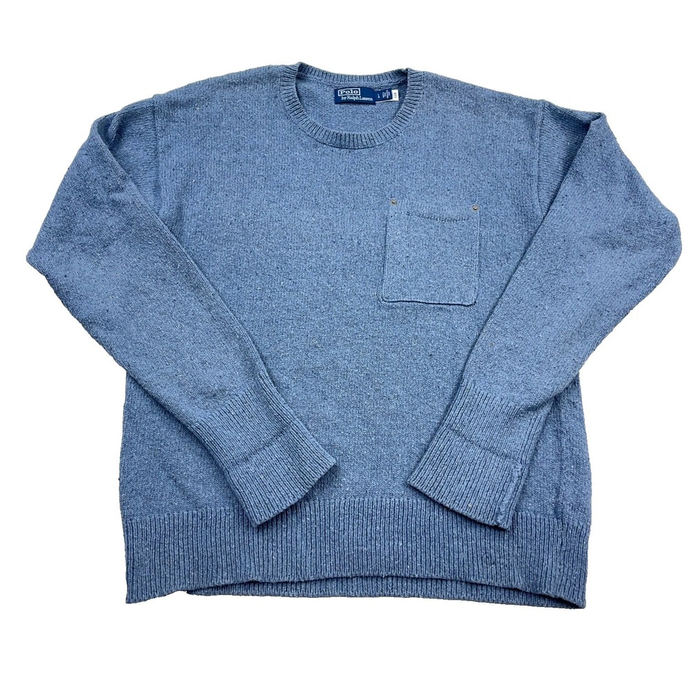 Polo Ralph‎ Lauren Sweater Men Large Blue Heavy Knit CrewNeck Rib Pocket VTG Y2K